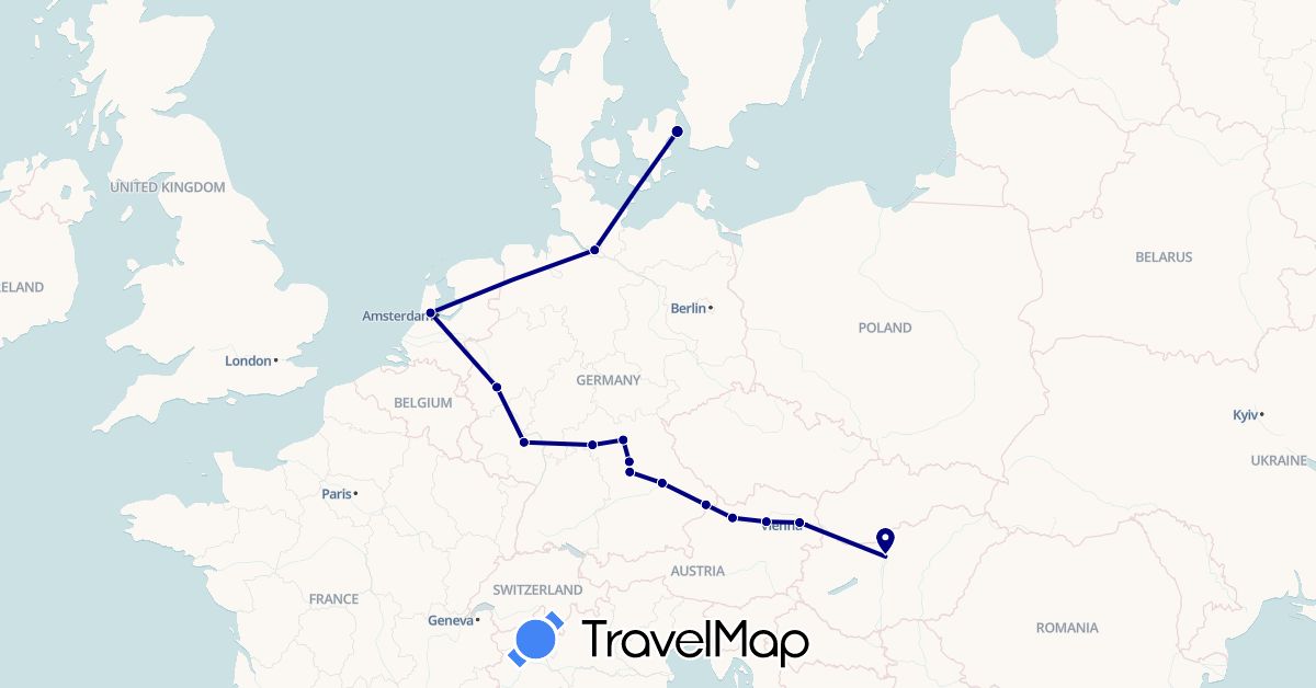 TravelMap itinerary: driving in Austria, Germany, Denmark, Hungary, Netherlands (Europe)